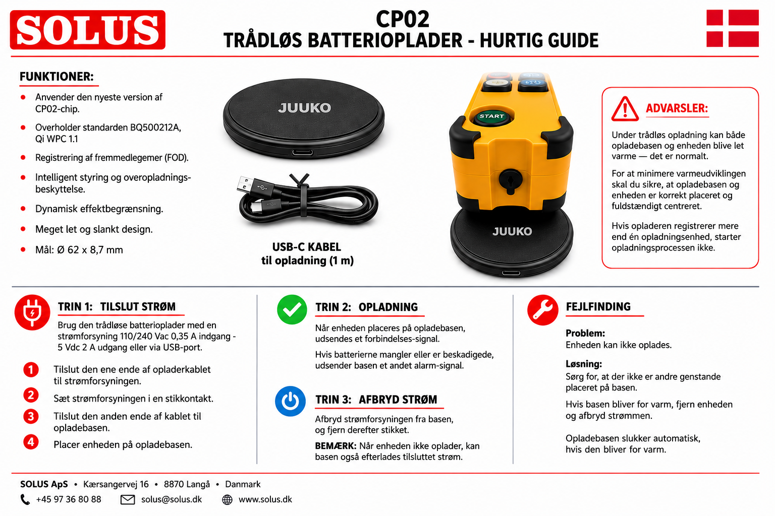 Juuko Q1-oplader med induktiv opladning, USB 5VDC/2A rund inkl. 1 strømforsyning 230V